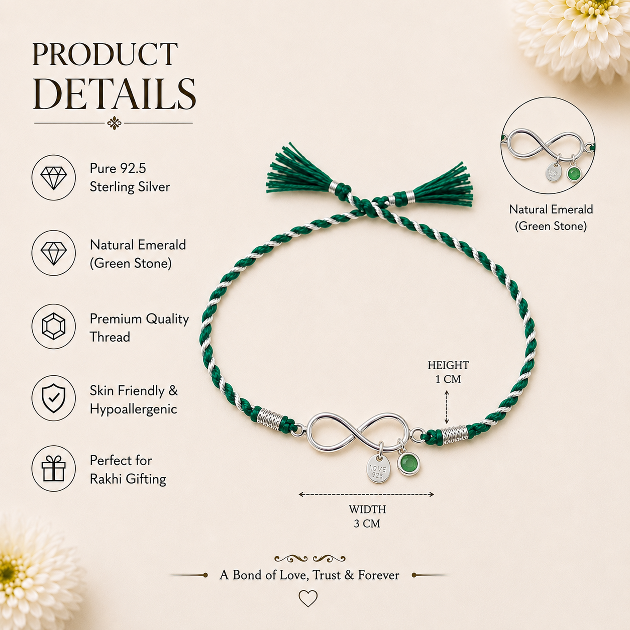 Emerald Infinity 925 Silver Rakhi