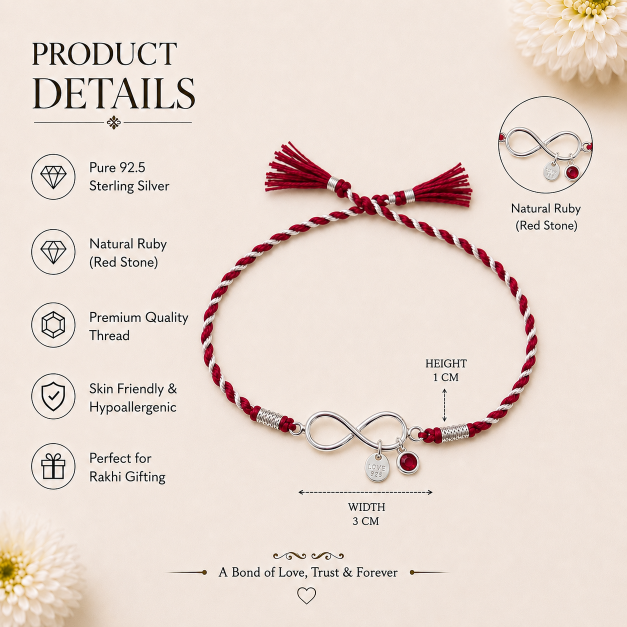 Infinity Ruby 925 Silver Rakhi